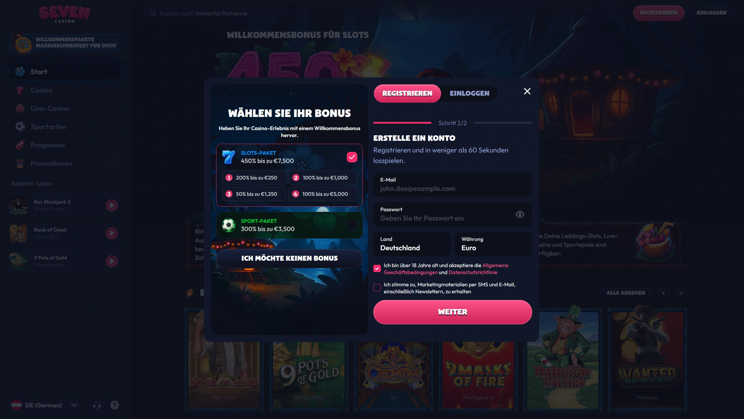 Bonusstruktur je Einzahlung bei Seven Casino