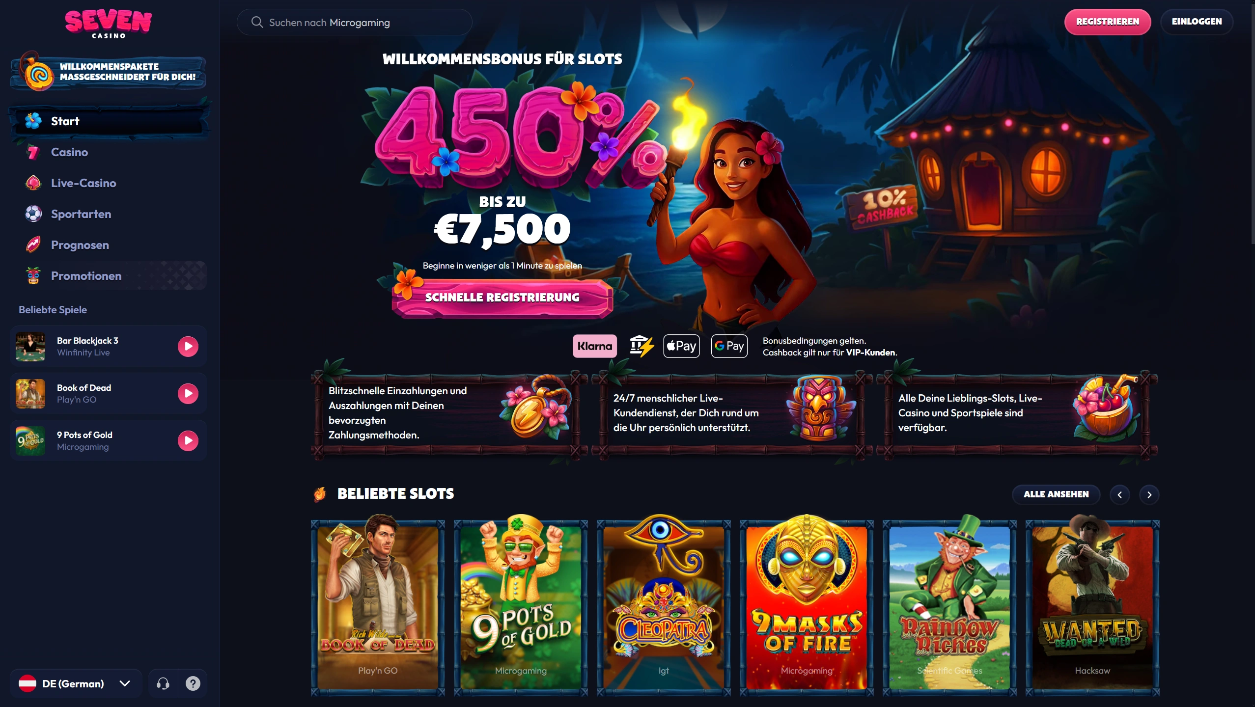 Sprache, Interface und Kontowährung bei Seven Casino